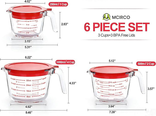 M MCIRCO 6 Pcs Glass Measuring Cups with Lids Set, 1-Cup, 2-Cup, 4-Cup Measuring Jugs with Handle, Nesting Liquid Measuring Cups for Kitchen