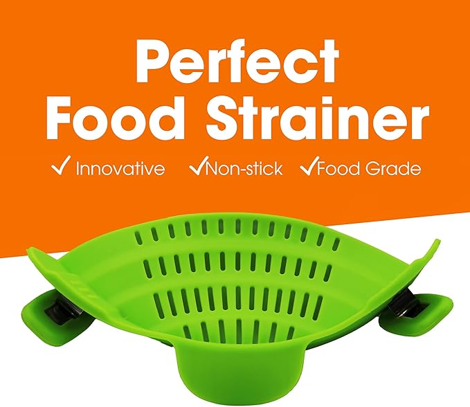 Cheer Collection Silicone Clip on Pot Strainer, Heat-resistant Snap-On Strainer for Pasta, Noodles, Rice, Meats and Vegetables, Green