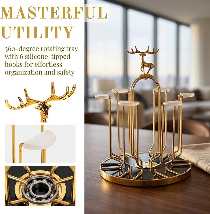 Rotating Cup Drying Rack Stand, 6 Cups Drinking Glass Holder, Non-Slip Steel Mug Drainer Organizer, Glass Cup Stand with Silicone Protective Hooks, Tumbler Dryer Tree for Kitchen, Countertop