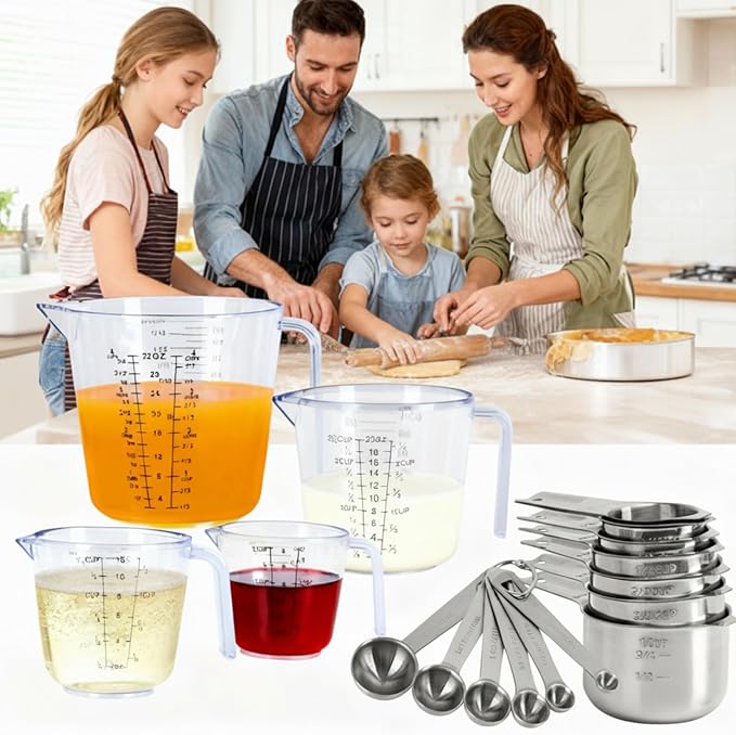 7x Stainless Steel Measuring Cups with 6x Measure Spoons Set,4x Plastic liquid Measurings Cups for Liquids,Kitchen Gadgets for Cooking & Baking Utensils Christmas Gift (17Pcs)
