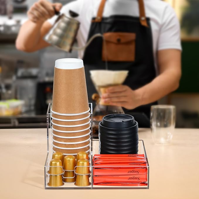 Coffee Cup Holder for Countertop, Clear Acrylic Coffee Bar Accessories and Organizer, Coffee Station Organizer for Cup Lid Stirrers Pod