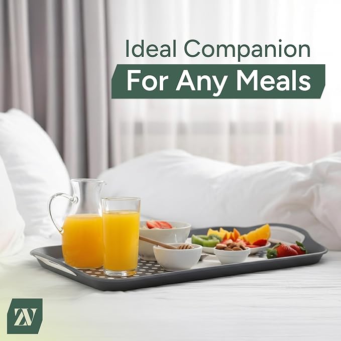 Zuvo Anti-Slip Food Serving Tray with Handles (Set of 2) – BPA-Free Plastic, Lightweight & Durable – Non-Slip Couch Trays for Eating & Drinks (Grey)