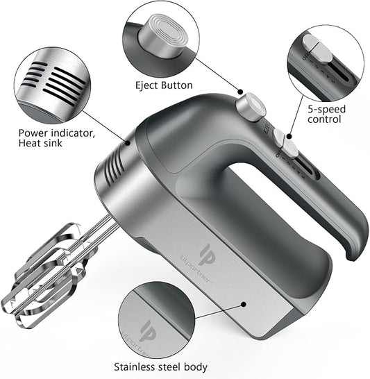 Hand Mixer Electric, 450W Kitchen Mixers with Scale Cup Storage Case, Turbo Boost/Self-Control Speed + 5 Speed + Eject Button + 5 Stainless Steel Accessories, For Easy Whipping Dough, Cream, Gray