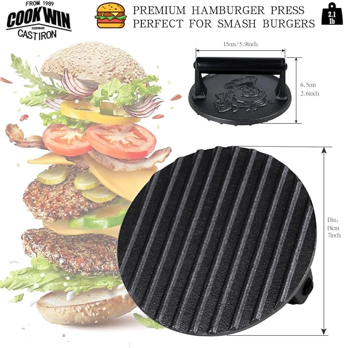 Heavy Duty Cast Iron Smash Burger Press Kit, 7" Hamburger Smasher with Non-Slip Handles, Bacon Meat Weight Press for Steak, Smashburger, Grill and BBQs