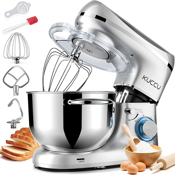 KUCCU Stand Mixer, 6.5 Qt 660W, 6-Speed Tilt-Head Food Dough Mixer, Kitchen Electric Mixer with Stainless Steel Bowl,Dough Hook,Whisk, Beater, Egg white separator (6.5-QT, Silver)