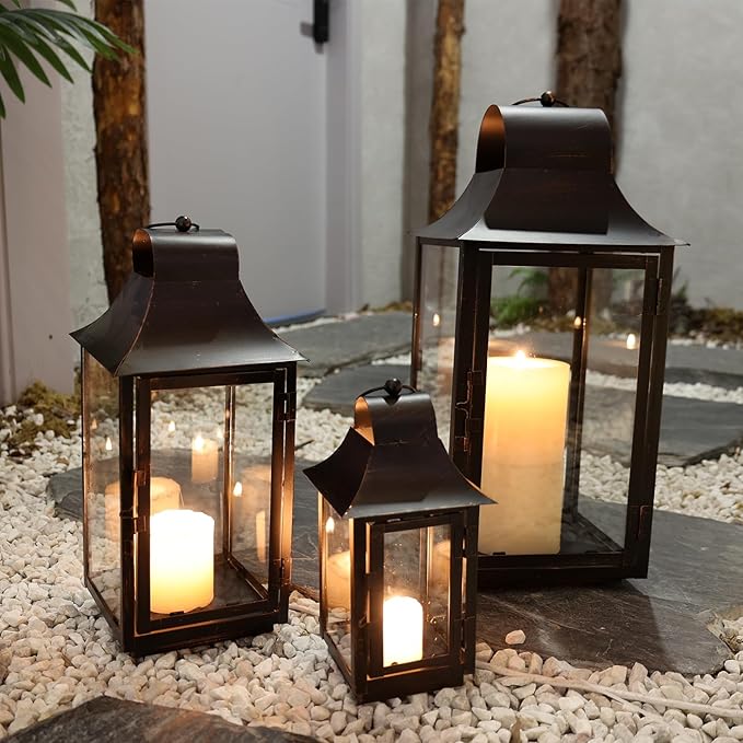 DECORKEY 3Pack Lanterns Decorative Outdoor & Indoor, Large Square Lanterns Decorative for Front Porch, Metal Frame Candle Holders with Glass, Vintage Patio, Pathway, Balcony, Garden, Yard Decor
