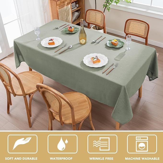 H.VERSAILTEX Linen Table Cloths Rectangle 60 x 84 Inch Premium Tablecloth Spill-Proof Waterproof Table Cover for Dining Buffet Feature Extra Soft and Thick Fabric Wrinkle Free, Sage