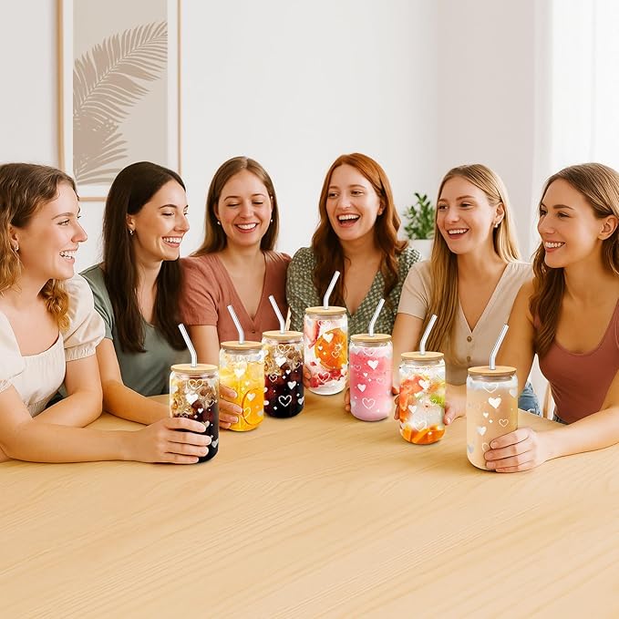 Glass Cups with Lids and Straws – 16oz Iced Coffee Tumblers, Heart Glass Cup Set of 6 for Cold Drinks, Brunch, Girls Night, Gift Use