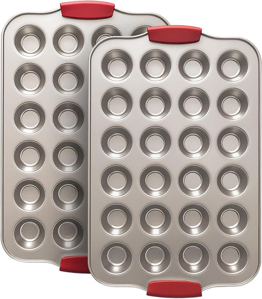 Shinsin Mini Muffin Pan, 24 Tin Cupcake Pan, Nonstick Small Muffin Tray with Silicone Grip Handles, Durable Mini Cheesecake Cup Cake Pans for Baking, 2-PACK,Gold