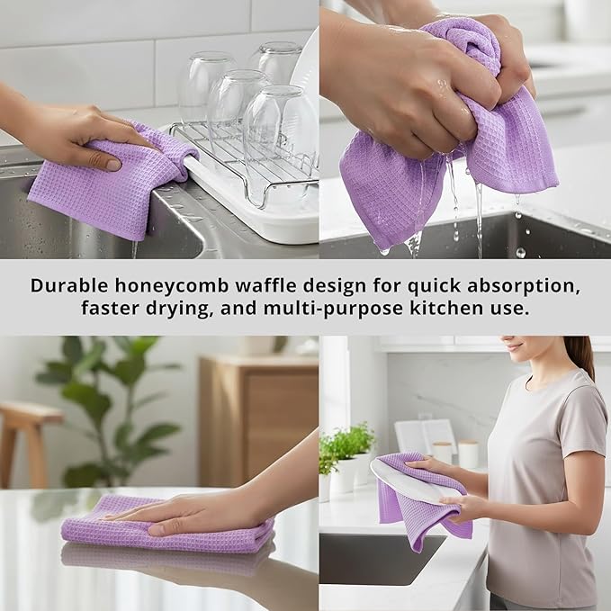 PurpleEssences Waffle Weave Kitchen Towel, 100% Cotton, 15x25 Inches, with Hanging Loop Ultra Soft Absorbent Quick Drying Dish Cloth, Tea and Hand Towels, 4 Pack - Christmas Holiday Winter - Lavender