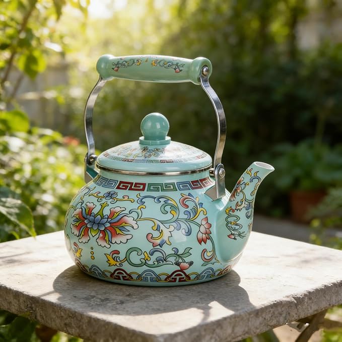 2.6 Quart Floral Enamel Tea Kettle, Vintage Enameled Teapot Stovetop, Enamel on Steel Water Coffee Tea Pot with Ceramic Handle, Colorful Hot Water Kettle for Home Kitchen Decor, No Whistling