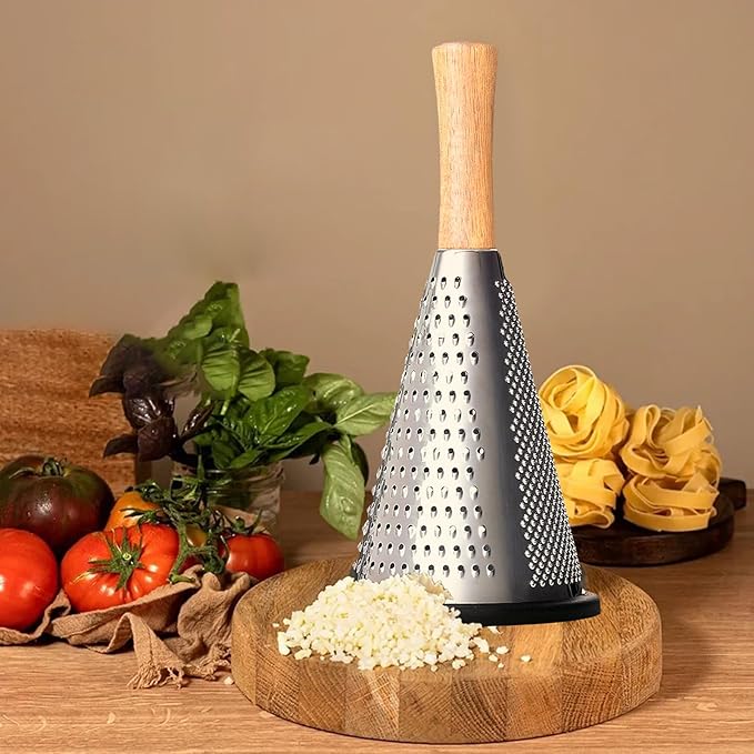 Cone Cheese Grater, 9.6 Inch Stainless Steel Grater and Zester Multifunction Graters with Wood Handle Parmesan Shaver for Cheese, Vegetables, Kitchen Use, 11×11×25.4CM