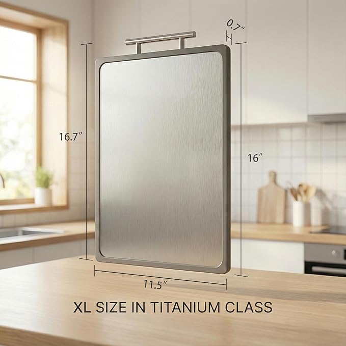 XL 16.7" Titanium Cutting Board (3.5LBS Heavy Duty) - Double Sided for Meat & Veggie with 304 Stainless Steel Handle, Dishwasher Safe, Non-Toxic & Knife Friendly - Large Cutting Board for Kitchen, 1PC