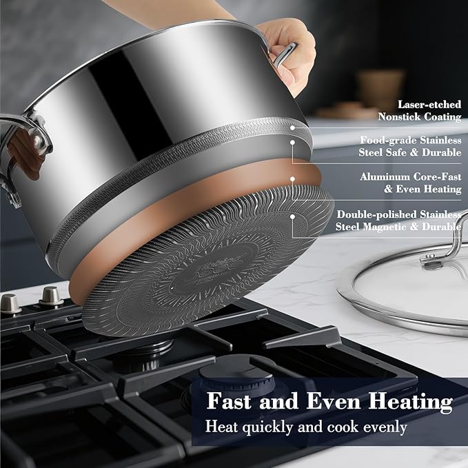 Non Stick Pot and Pan Set 8 Pieces, 1.5 QT, 2 QT Saucepan & 5.2 Quart Stock Pot Set with Matching Tempered Glass Lid Double Trivets, Dishwasher & Oven Safe Up to 500℉ Compatible with All Cooktops