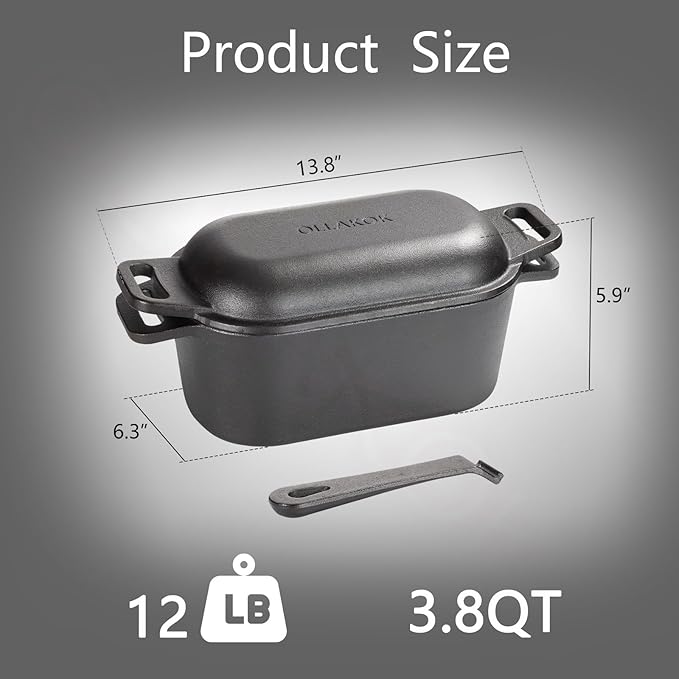 OLLAKOK 2-in-1 Pre-Seasoned Cast Iron Dutch Oven Pot with Lid as Skillet, Grill Pan, with Lid Lever, Dual Loop Handles, Oval Heavy Dutch Oven for Bread Baking, Frying, Camping, BBQ, 3.8 QT Black