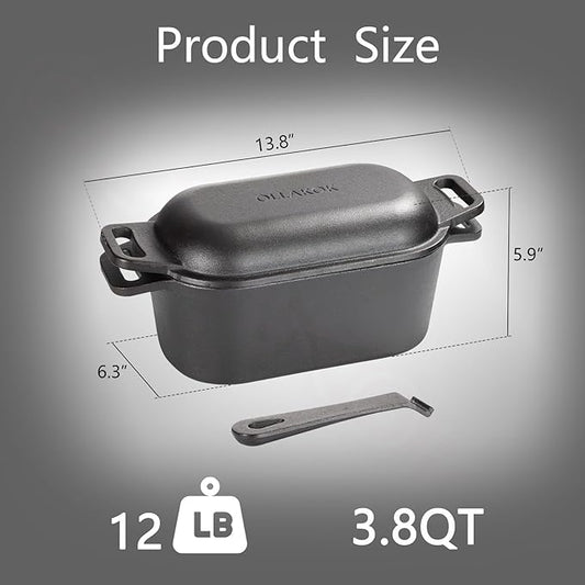 OLLAKOK 2-in-1 Pre-Seasoned Cast Iron Dutch Oven Pot with Lid as Skillet, Grill Pan, with Lid Lever, Dual Loop Handles, Oval Heavy Dutch Oven for Bread Baking, Frying, Camping, BBQ, 3.8 QT Black