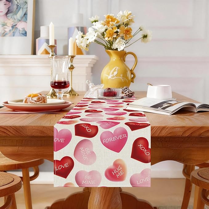 Valentines Day Table Runner 13x108 Inch, Be Mine Kiss XOXO Love Hearts Valentine Table Runner, Anniversary Home Kitchen Dining Table Holiday Party Decorations