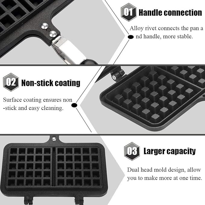 Agatige Stovetop Waffle Maker, Portable Aluminum Dual Head Nonstick Cast Iron Belgian Waffle Maker for Panini Sandwich Toaster Breakfast Snacks Cooking Baking Tool, 13.19x8.46in
