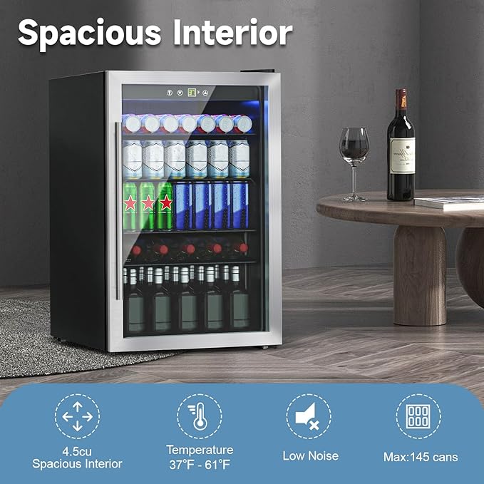 Stopasd Compact Beverage Refrigerator, 4.5 Cu.Ft/145 Can Drink Fridge with Glass Door and Digital Display, Small Drink Fridge with Adjustable Shelves for Soda, Compact Fridge for Bar Office