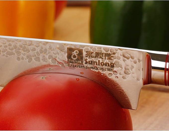 SUNLONG Santoku Knives 5 inch Japanese Hammered Damascus Natural Antlers Handle