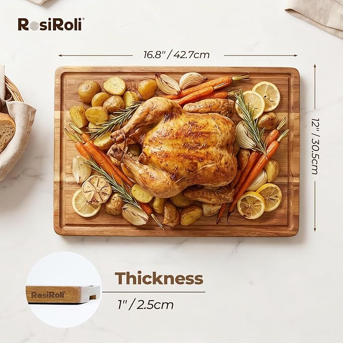 RosiRoli Acacia Wood Cutting Board for Kitchen - 17"x12" Large Chopping Board with Juice Grooves & Handles, 1" Thick FSC Certified Butcher Block Cutting Board for Meat and Veggies, Ideal Gift