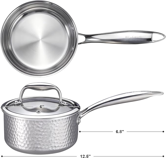 KC-Emier 1-Quart Saucepan with Lid, Tri-Ply Stainless Steel Pot with Stay-Cool Handle & All Cooktop Compatibility (Gas, Ceramic, Electric) - Silver Hammered