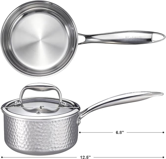 KC-Emier 1-Quart Saucepan with Lid, Tri-Ply Stainless Steel Pot with Stay-Cool Handle & All Cooktop Compatibility (Gas, Ceramic, Electric) - Silver Hammered