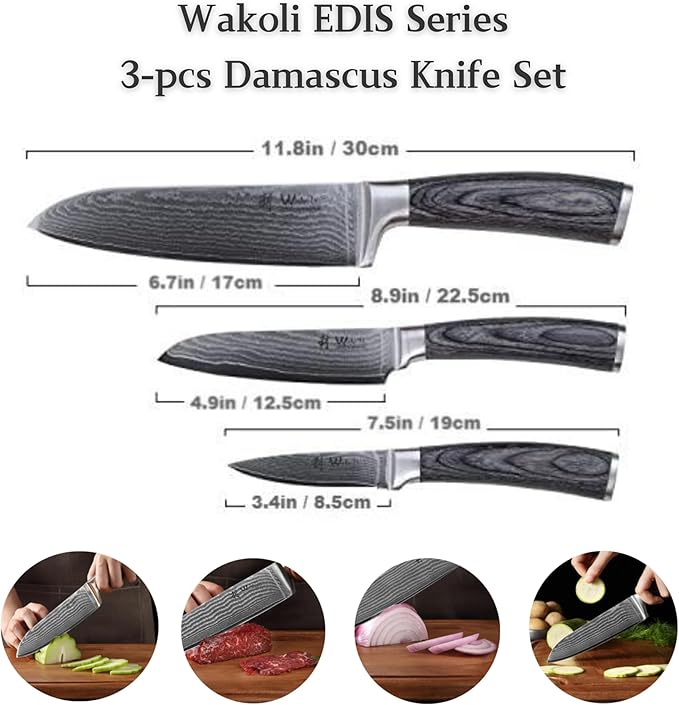 Wakoli EDIS 3-Piece Damascus Knife Set – Professional Kitchen Knives with VG10 Core Blades, 67-Layer Damascus Steel and Ergonomic Pakkawood Handles – Premium Chef Knife Set in Wooden Gift Box