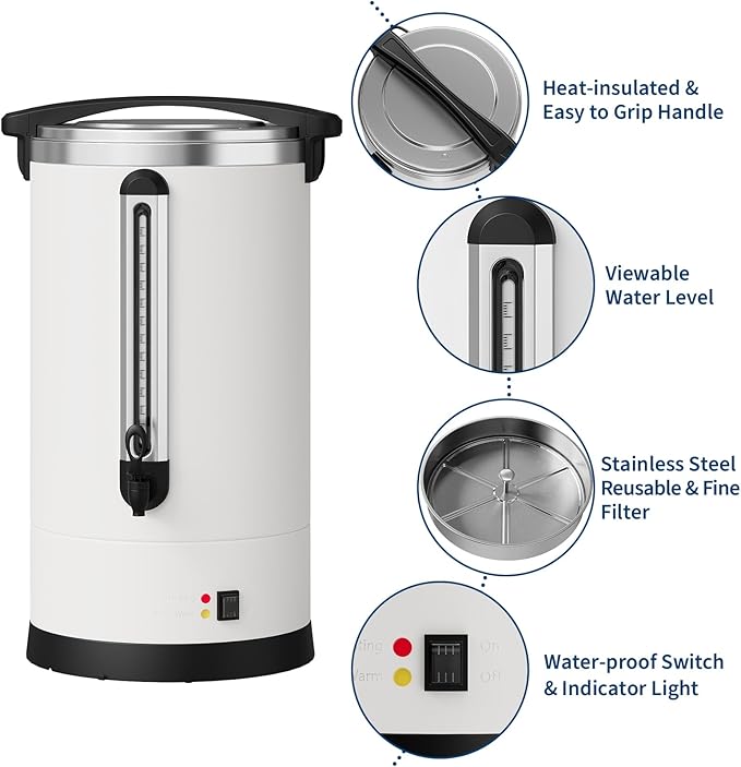 120 Cup Coffee Urn, 18L/4.8 Gal Stainless Steel Commercial Coffee Maker, Double Wall Hot Beverage Dispenser with Auto Temp Control Faucet for Buffet, Catering, Wedding, Events, White