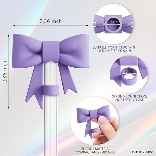 Compatible with Stanley Cup Accessories - 3Pcs 10mm Bow Straw Topper Compatible with Stanley Cup Straw Cover Cap, 2pcs Purple Bow Charms for 30&40 Oz Tumbler with Handle
