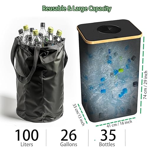 Recycling Bin for Kitchen Indoor Home,Beige Color Large 100L/ 26 Gallon Recycle Bin with Lid Removeable Reusable Inner Bag Bottle Can Glass Waste Plastice Stickers