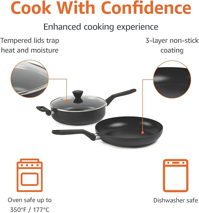 Amazon Basics 10 -Piece Hard Anodized Non-stick Stackable Cookware Pots and Pans Set, Space Saving, Black