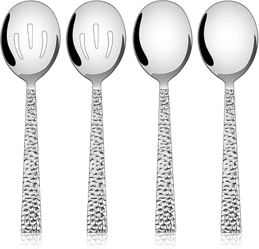 E-far Hammered Serving Spoons, 4-Piece Stainless Steel Serving Utensils Set Includes Slotted & Solid Spoons, Metal Hostess Tablespoons for Catering Buffet Party Kitchen Restaurant