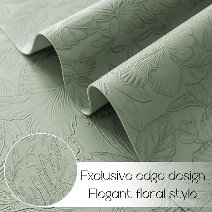 Romanstile Vinyl Placemats Set of 8-12 X 17 Inch - Heat Resistant Non-Slip Embossed Floral Place Mats 100% Waterproof Oilproof Wipeable Faux Leather Table Mats for Kitchen/Dining/Party, GrassGreen