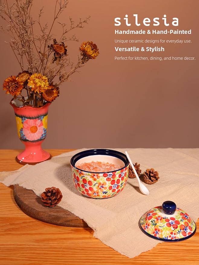 silesia Handmade Sugar Bowl with Lid and Spoon, 10 Ounce Ceramic Hand-Painted Sugar Jar for Kitchen in Gift Box, Kitchen Decor, Oven, Dishwasher & Microwave Safe, Jungle Floral