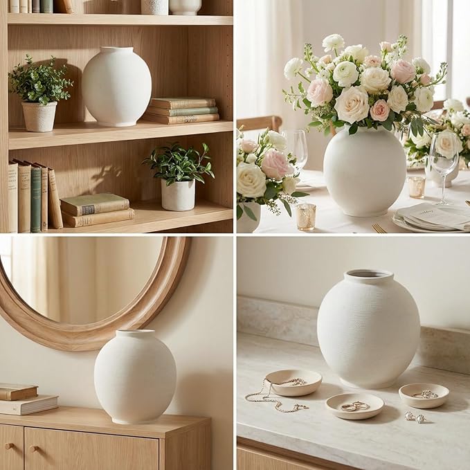 Large White Ceramic Flower Vase Home Decor, Round Rustic Table Vases Farmhouse Living Room Entrway Kitchen Bedroom Decorations，Minimalist Hand-Made Textured Vase (10.8” Sandstone White)