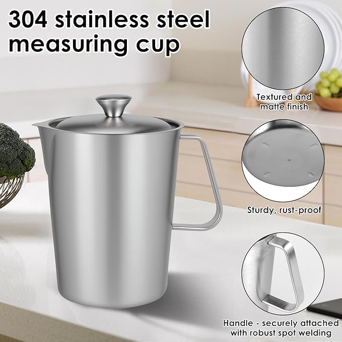 2 L / 70 oz Large Stainless Steel Measuring Cup with Lid, 8 Cup Metal Measuring Cups with Handle, Precision Markings Stainless Steel Pitcher for Espresso Machine, Latte Art, Hot/cold Water
