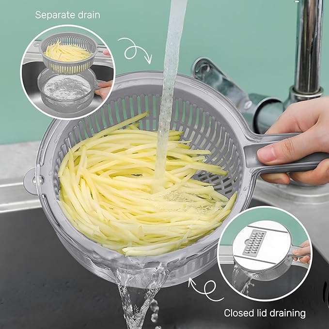 Mandoline Slicer with Hand Protector, Interchangeable Blade Vegetable Slicer Mandoline, Cucumber Slicer with Colander for Potato, Tomato, Carrot (Grey)