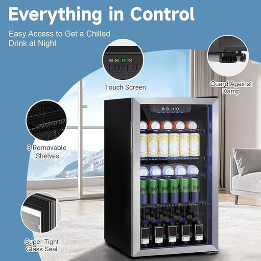 Compact Beverage Refrigerator Cooler, 105 Can/3.0 Cubic Feet Mini Fridge with Glass Front Door, Digital Display Small Refrigerator with Adjustable Shelves for Soda, Beer or Wine