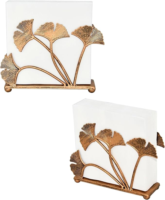 OwlGift Set of 2 Modern Ginkgo Leaves Design Napkin Holder for Tables, Metal Paper Napkin Storage for Kitchen, Stylish Paper Towel Dispenser, Mail Letter Sorter Rack, Document File Organizer – Bronze