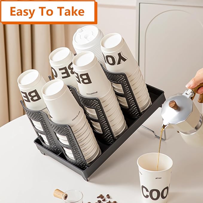 Cup and Lid Holder, Adjustable Coffee Cup Organizer 6 Compartment, Disposable Paper Cup Dispenser fits 8-22oz, Plastic Cup Storage Rack for Coffee Station Bar Countertop Breakroom, Station