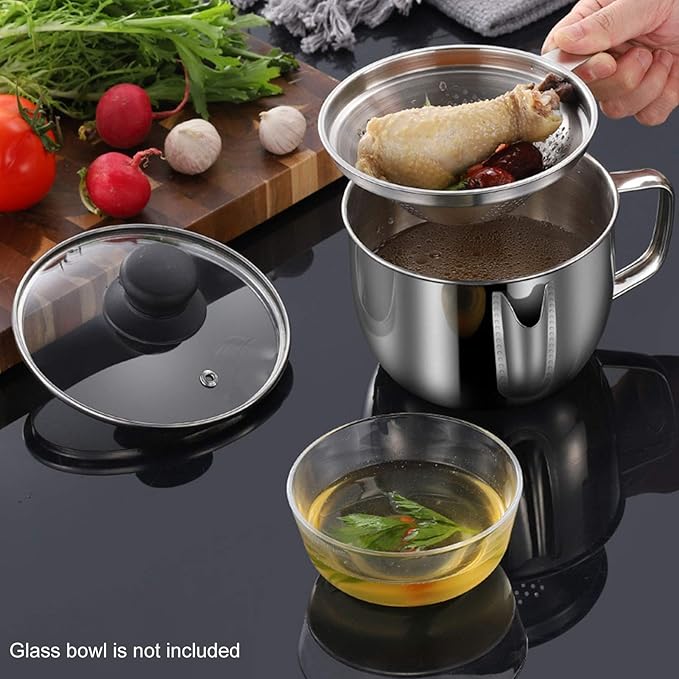 Stainless Steel Fat Separator 4 Cup/1000ML Gravy Grease Separator with Strainer and Glass Lid, Soup Oil Separator Cup for Cooking, Oil Soup Separator Strainer Pot for Kitchen (Silver)