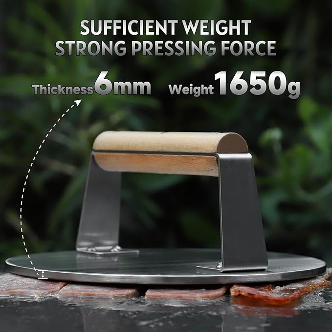Professional Stainless Steel Smash Burger Press with Wood Handle,Heavy-Duty 8.5 Inch Burger Smasher (3.64 lb) - 6mm Thick Base for Hamburgers, Steak & Bacon