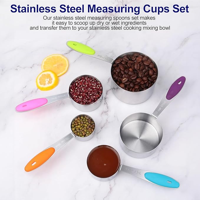Stainless Steel Measuring Cups, 5 PCS Nesting Measuring Cups Set with Easy-Read Markings & Ring, Metal Scoops for Dry Liquid Ingredients,Stackable Cup Measure Spoons for Baking Cooking Kitchen Gadgets
