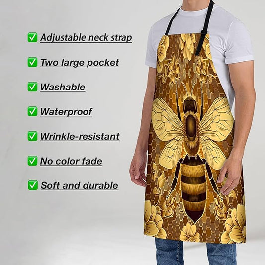 Bee and Floral Apron for Women, 28x33in, Kitchen Chef Aprons with 2 Pockets, Polyester, Golden Flower Apron for Cooking BBQ Baking Gardening Chef, Gifts for Mom Wife Dad