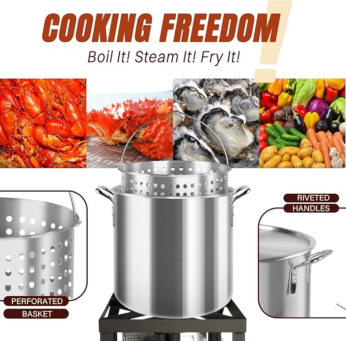 Hidpriva 60QT Crawfish Boiler Kit, Waterproof Cover & 12-inch Skimmer, 110,000BTU Propane Burner Stove, 0-20PSIG Regulator, Aluminum Seafood Boil Pot, Crab Boil Pot with Basket
