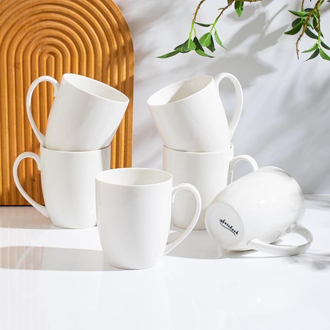 AntoKueh 16OZ White Ceramic Coffee Mugs, Porcelain Mugs Set of 6 with handle for hot cocoa, tea, milk, Cappuccino, Microwave Safe