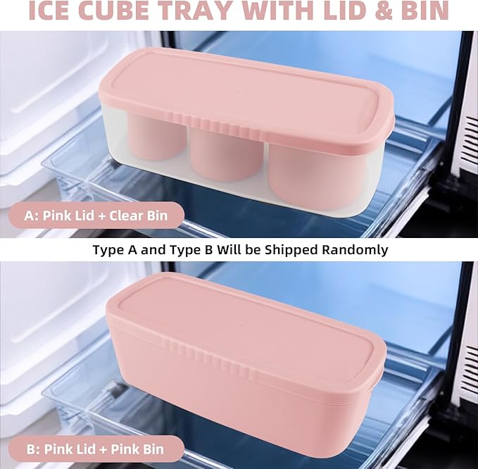 Tcamp Tumbler Ice Mold, Ice Cube Tray for 30 oz -40 oz Tumbler Cup, 3 Pcs Silicone Hollow Cylinder Ice Mold with Lid and Bin for Freezer, Ice Drink, Juice, Whiskey, Cocktail (Pink)
