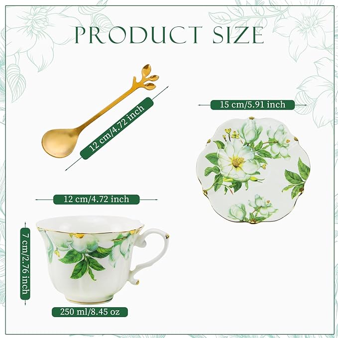 Country Roses Porcelain Tea Cup and Saucer Set with Gold Trim, Vintage Style, For Women and Tea Parties (2, Green)