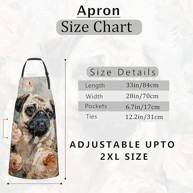 Pug and Flowers Apron Charming Dog Portrait with Soft Floral Aprons Waterproof Oxford Polyester Adjustable Pockets Design for Cooking, Crafting, Garden Decor, Gifts for Pet Lovers, 28x33 Inch